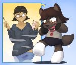  2019 animate_inanimate anthro before_and_after blush bottomwear canid canine canis clothed clothing cryo_lithius cute_fangs eyewear female glasses hair hoodie human human_to_anthro human_to_inanimate inanimate_transformation living_plushie mammal open_mouth plushie plushification pocky shocked short_hair shrinking simple_background skirt solo species_transformation subakitsu transformation wolf 