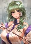  1girl :d ahoge akehi_yuki bangs bare_shoulders blue_eyes blush breasts commentary_request detached_sleeves erect_nipples eyebrows_visible_through_hair frog_hair_ornament green_hair grey_background hair_between_eyes hair_ornament hair_tubes holding kochiya_sanae large_breasts long_sleeves looking_at_viewer open_mouth see-through shirt short_hair sideboob single_sidelock smile snake_hair_ornament solo touhou upper_body wet wet_clothes wet_shirt white_shirt wide_sleeves 