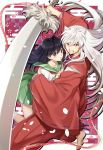  1boy 1girl animal_ears bare_legs barefoot black_hair brown_eyes clenched_teeth collarbone dog_ears eyebrows_visible_through_hair eyes_visible_through_hair fangs green_skirt hair_between_eyes highres higurashi_kagome hug inuyasha inuyasha_(character) long_hair long_sleeves looking_at_viewer motobi_(mtb_umk) parted_lips patterned_background petals pleated_skirt robe sailor_collar school_uniform serafuku silver_hair skirt slit_pupils socks sword teeth weapon wide_sleeves yellow_eyes 