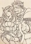  1boy 1girl adelbert_steiner animal_ears armor beatrix belt breasts cleavage closed_mouth commentary_request curly_hair eyepatch final_fantasy final_fantasy_ix gloves large_breasts long_hair monochrome open_mouth sword tail weapon 