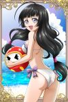  1girl ass ball beach bikini black_hair blue_sky breasts card_(medium) cloud commentary_request cowboy_shot from_behind hanzou highres horizon kohak_hearts long_hair looking_at_viewer low-tied_long_hair medium_breasts open_mouth purple_eyes sky smile solo swimsuit tales_of_(series) tales_of_hearts white_bikini 