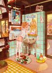  1girl barefoot daruma_doll feet female furry hair_dryer kaneko_sake mirror orange_hair original poster reflection short_shorts shorts sink standing 