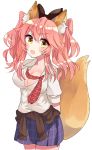  1girl alternate_costume animal_ear_fluff animal_ears black_ribbon blush breasts cha_(vcwj3244) cleavage clothes_around_waist eyebrows_visible_through_hair fate/extella fate/extra fate/grand_order fate_(series) fox_ears fox_girl fox_tail hair_ribbon highres jacket_around_waist large_breasts long_hair looking_at_viewer necktie open_clothes open_mouth open_shirt pink_hair ribbon school_uniform shirt simple_background skirt solo tail tamamo_(fate)_(all) tamamo_jk_(fate) tamamo_no_mae_(fate) twintails unbuttoned white_background yellow_eyes 