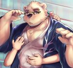  2019 666yubazi anthro belly blue_eyes blush clothing duo eyewear fur glasses hi_res hug hugging_from_behind humanoid_hands leib_(tas) male mammal moobs overweight overweight_male polar_bear robe sweat tokyo_afterschool_summoners ursid ursine video_games white_fur 