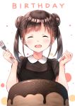  1girl :d ^_^ absurdres bangs bashosho birthday black_dress blush breasts brown_hair brown_shirt cake chocolate_cake closed_eyes collared_shirt double_bun dress eyebrows_visible_through_hair eyes_closed facing_viewer food fork hands_up heart highres holding holding_fork idolmaster idolmaster_shiny_colors open_mouth puffy_short_sleeves puffy_sleeves shirt short_sleeves side_bun simple_background sleeveless sleeveless_dress small_breasts smile solo sonoda_chiyoko twintails white_background 