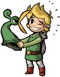  beak belt blonde_hair blowing boots eyebrows ezlo green_hat green_shirt green_tunic hair hair_blowing highres holding holding_hat link male nintendo official_art one_eye_closed pointy_ears sheathed_sword shield smile squaking sword the_legend_of_zelda the_legend_of_zelda:_the_minish_cap toon_link tunic white_pants 