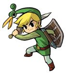  angry beak belt blonde_hair boots eyebrows ezlo fighting_stance green_hat green_shirt green_tunic holding holding_shield holding_sword holding_weapon link male nintendo official_art pointy_ears shield sword the_legend_of_zelda the_legend_of_zelda:_the_minish_cap toon_link tunic white_pants 