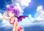 1girl arm_up bangs bat_wings bikini bird blue_sky bow breasts cleavage cloud collarbone commentary_request crescent crescent_earrings day earrings eyebrows_visible_through_hair flock grin jewelry looking_at_viewer nail_polish navel no_hat no_headwear outdoors pink_bikini pink_bow purple_hair red_eyes red_nails remilia_scarlet short_hair skindentation sky small_breasts smile solo star star_earrings stomach swimsuit touhou uemura_shun upper_body w w_over_eye water wings 