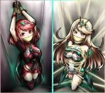  2girls angry armor bangs bare_shoulders bdsm blonde_hair blush bondage bound breasts cleavage cleavage_cutout covered_navel dress eyebrows_visible_through_hair gag gem highres hikari_(xenoblade_2) homura_(xenoblade_2) jewelry kidnapped kidnapping long_hair looking_at_viewer magnolia-baillon multiple_girls nervous nintendo red_hair restrained short_hair swept_bangs thigh_strap thighhighs tied_up xenoblade_(series) xenoblade_2 yellow_eyes 