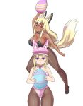 2girls :&lt; animal_ear_fluff animal_ears arm_up bare_arms bare_shoulders black_legwear black_leotard blonde_hair blush breasts bunny_ears bunny_girl bunny_tail bunnysuit c: collarbone dark_skin detached_collar easter_egg egg eyebrows_visible_through_hair fake_animal_ears fake_tail fox_ears fox_tail gluteal_fold hair_between_eyes hat hat_with_ears highres large_breasts leotard long_hair looking_at_viewer multiple_girls nav necktie original pantyhose pink_leotard pink_neckwear purple_eyes simple_background smile tail white_background 