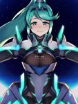  1girl absurdres armor bangs blush breasts gem glowing green_eyes green_hair hair_ornament headpiece highres jewelry large_breasts long_hair looking_at_viewer night nintendo open_arms phiphi-au-thon pneuma_(xenoblade_2) ponytail shoulder_armor sky smile spoilers swept_bangs tiara twitter_username very_long_hair xenoblade xenoblade_(series) xenoblade_2 