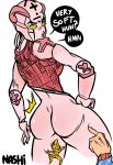  blush bottomless butt buublybutt clothed clothing female guido_mista hi_res humanoid jojo&#039;s_bizarre_adventure looking_at_viewer looking_back male pink_body poking sex_pistols_(jjba) simple_background spice_girl stand_(jjba) text yellow_eyes 