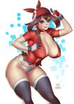  1girl ass big_ass blue_eyes bokuman breasts brown_hair cleavage creatures_(company) curvy game_freak haruka_(pokemon) huge_ass huge_breast large_breasts looking_at_viewer nintendo open_mouth pokemon pokemon_(game) pokemon_rse smile solo thick_thighs thighhighs thighs 