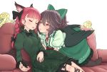  2girls all_fours animal_ear_fluff animal_ears bangs bird_wings black_hair black_legwear blouse blunt_bangs blush bow braid breasts cat_ears commentary_request couch dress extra_ears eyebrows_visible_through_hair eyelashes feathered_wings feet_out_of_frame frilled_skirt frilled_sleeves frills green_bow green_dress green_skirt hair_between_eyes hair_bow hand_on_lap high_collar highres imminent_kiss indoors juliet_sleeves kaenbyou_rin kawayabug leg_ribbon lips long_sleeves looking_at_another medium_breasts multiple_girls nail_polish no_shoes on_couch open_hand pantyhose parted_lips petticoat pointy_ears ponytail puckered_lips puffy_short_sleeves puffy_sleeves red_eyes red_hair red_nails reiuji_utsuho ribbon short_hair short_sleeves sitting skirt sleeping third_eye touhou twin_braids white_blouse wings yuri 