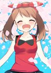  1girl absurdres blush bow brown_hair cherry_blossoms collarbone creatures_(company) eyes_closed game_freak hair_bow happy haruka_(pokemon) highres nintendo open_mouth pokemon pokemon_(game) pokemon_oras short_hair short_hair_with_long_locks sky smile solo spring_(season) tank_top tree yuihiko 