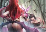  2girls armor ass bamboo bamboo_forest bare_shoulders black_hair breasts cleavage double_bun dreamkite erze_(king&#039;s_raid) forest from_behind highres king&#039;s_raid large_breasts long_hair multiple_girls nature orb purple_eyes ready_to_draw red_hair seria_(king&#039;s_raid) sheath sheathed siblings sisters sword tears thong vampire very_long_hair weapon wings 