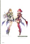  2girls absurdres armor bangs bare_shoulders blonde_hair breasts cleavage dress earrings elbow_gloves english_text eyes_closed fingerless_gloves gem gloves hair_ornament headpiece highres hikari_(xenoblade_2) homura_(xenoblade_2) jewelry large_breasts long_hair multiple_girls nintendo official_art pose red_hair red_shorts saitou_masatsugu scan short_hair short_shorts shorts simple_background swept_bangs thighhighs thighs tiara very_long_hair white_background white_dress xenoblade_(series) xenoblade_2 