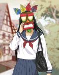  1girl aku_aku bag black_bag black_hair blue_skirt blurry blurry_background building check_commentary collarbone commentary_request covered_face crash_bandicoot holding holding_mask long_hair long_sleeves mask original red_neckwear school_bag school_uniform serafuku shirt skirt suzushiro_(suzushiro333) tree very_long_hair white_shirt yellow_eyes 