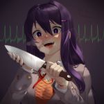  1girl :d artist_name bangs blood bloody_clothes bloody_hands blush breasts cardiogram cleavage commentary cuts doki_doki_literature_club english_commentary eyebrows_visible_through_hair fangs grey_jacket hair_between_eyes hair_ornament hairclip heart heart_in_eye heavy_breathing holding holding_knife injury jacket knife long_hair long_sleeves looking_at_viewer open_mouth purple_eyes purple_hair sample sasoura school_uniform shirt smile solo spoilers sweat symbol_in_eye upper_body white_shirt yandere yuri_(doki_doki_literature_club) 