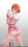  1girl aestheticc-meme ass bare_shoulders breasts cellphone from_behind green_eyes headband highres knee_socks large_breasts nora_valkyrie open_mouth orange_hair phone rwby short_hair short_shorts shorts sideboob solo sweat 