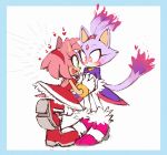  &lt;3 2019 amy_rose anthro black_nose blaze_the_cat blue_border blush boots border clothing dipstick_tail dress duo eulipotyphlan eye_contact felid feline female female/female footwear fur gloves green_eyes hair hairband hand_holding hedgehog looking_at_another mammal motobugg multicolored_tail on_one_leg open_mouth open_smile orange_eyes pink_hair ponytail purple_fur purple_hair shoes simple_background smile sonic_(series) standing sweat sweatdrop tail_tuft tuft video_games white_fur 