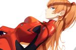  1girl bad_id bad_twitter_id blue_eyes bodysuit breasts dutch_angle from_side long_hair neon_genesis_evangelion one_side_up orange_hair parted_lips plugsuit pro-p profile simple_background small_breasts solo soryu_asuka_langley unfinished white_background 