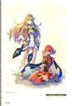  2girls absurdres armor artbook bangs bare_shoulders blonde_hair breasts cleavage closed_mouth cover cover_image cover_page dress earrings elbow_gloves fingerless_gloves full_body gem gloves hair_ornament headpiece highres hikari_(xenoblade_2) homura_(xenoblade_2) jewelry large_breasts long_hair looking_at_viewer multiple_girls nintendo official_art pose red_eyes red_hair red_shorts saitou_masatsugu scan seiza short_hair short_shorts shorts simple_background sitting smile standing swept_bangs tiara very_long_hair white_dress xenoblade_(series) xenoblade_2 yellow_eyes 