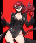  1girl black_border black_choker black_flower black_legwear black_leotard black_rose border breasts buttons chains choker coattails commentary cropped_jacket english_commentary flower frilled_sleeves frills gloves hair_ribbon highres juliet_sleeves leotard long_hair long_sleeves mask medium_breasts persona persona_5 persona_5_the_royal puffy_sleeves red_background red_eyes red_gloves red_hair ribbon rose scabbard shadow sheath shrug smile solo sword thighhighs tusia two-tone_background weapon yoshizawa_kasumi 
