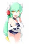  1girl :d aqua_hair areola_slip areolae bare_shoulders blue_swimsuit breasts cleavage detached_collar elbow_gloves eyebrows_visible_through_hair fate/grand_order fate_(series) gloves hair_between_eyes hasai_(mekkan) horns kiyohime_(fate/grand_order) kiyohime_(swimsuit_lancer)_(fate) large_breasts long_hair looking_at_viewer medium_breasts one-piece_swimsuit open_mouth smile solo swimsuit white_background white_gloves yellow_eyes 