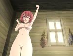  1girl areolae armpits breasts ceiling clitoris cow_girl_(goblin_slayer!) cowboy_shot eyebrows_visible_through_hair female from_below gluteal_fold goblin_slayer! highres indoors large_breasts navel nipples nzanu one_eye_closed open_mouth pink_eyes pussy red_hair short_hair solo standing stretching uncensored upper_teeth wall window yawning 
