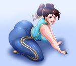 1girl absurdres all_fours ass bare_shoulders breasts brown_eyes brown_hair capcom chun-li curvy full_body highres huge_ass large_breasts looking_at_viewer okioppai sideboob smile solo street_fighter thick_thighs thighs wide_hips 