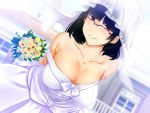  1girl amagasahigasa arms_behind_back bangs bare_shoulders black_hair boku_no_tsuma_no_cg_shuu bouquet breasts bridal_veil bride closed_mouth day dress flower freckles glasses happy highres large_breasts looking_at_viewer medium_hair off_shoulder original outdoors red_eyes smile solo standing veil wedding_dress white_dress 