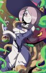  1girl areolae bigdead blush breasts dress grin hair_over_one_eye half-closed_eyes hat highres little_witch_academia medium_breasts nipples pale_skin pink_hair potion pussy red_eyes robe sharp_teeth smile solo sucy_manbavaran teeth wide_sleeves witch witch_hat 