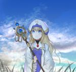  1girl bangs blonde_hair blue_dress blue_eyes blue_headwear blue_sky blush breasts cloud cloudy_sky commentary_request day dot_nose dress gatchan gem goblin_slayer! grass hat highres holding holding_staff long_hair long_sleeves looking_up outdoors priestess_(goblin_slayer!) sky small_breasts smile solo staff two-tone_dress upper_body white_dress white_headwear wide_sleeves 