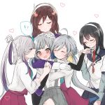  5girls ahoge arm_warmers asashimo_(kantai_collection) ashigara_(kantai_collection) black_hair brown_eyes brown_hair commentary dress eyes_closed furumachi_kyuu gloves grey_hair hair_between_eyes hair_bun hair_over_one_eye hair_ribbon hairband halterneck hand_kiss hand_on_another&#039;s_head highres horned_headwear hug kantai_collection kasumi_(kantai_collection) kiss kiyoshimo_(kantai_collection) long_hair low_twintails multiple_girls necktie ooyodo_(kantai_collection) ribbon school_uniform serafuku shirt short_sleeves side_ponytail silver_hair skirt suspenders tress_ribbon twintails uniform very_long_hair wavy_hair white_gloves white_shirt 