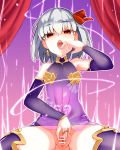  1girl armpits bare_shoulders censored elbow_gloves energy_drain eyebrows_visible_through_hair fate/grand_order fate_(series) flat_chest gloves hasai_(mekkan) jewelry kama_(fate/grand_order) looking_at_viewer open_mouth pubic_tattoo purple_gloves purple_legwear pussy red_eyes ring see-through short_hair silver_hair solo spread_legs spread_pussy tattoo tongue 