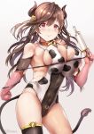  1girl animal_print bell bell_collar blush breasts brown_hair cleavage collar cow_bell cow_girl cow_print cow_tail elbow_gloves gloves highres himuro_(dobu_no_hotori) idolmaster idolmaster_shiny_colors long_hair red_eyes smile solo tail thighhighs tsukioka_kogane 
