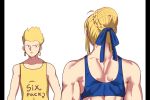  1boy 1girl ahoge artoria_pendragon_(all) blonde_hair blue_ribbon braid clothes_writing earrings english_text fate/zero fate_(series) french_braid from_behind gilgamesh hair_ribbon highres jewelry looking_at_another muscle muscle_envy muscular_female pillarboxed red_eyes ribbon saber simple_background sports_bra tank_top white_background yugion 
