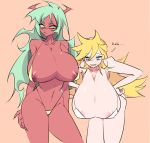  2girls areola_slip areolae bangle bangs bare_shoulders bikini blonde_hair blue_eyes bracelet breasts cleavage collar collarbone demon_girl earrings green_hair hoop_earrings huge_breasts jewelry long_hair looking_at_viewer multicolored multicolored_eyes multiple_girls navel open_mouth panty_&amp;_stocking_with_garterbelt panty_(psg) red_skin scanty_(psg) slingshot_swimsuit smile swimsuit 