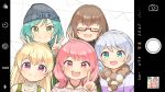  &gt;:) 5girls :d ^_^ aqua_hair bang_dream! bd_ayknn beanie black_headwear blonde_hair blue_eyes braid brown_hair cellphone cellphone_camera closed_eyes double_v eyes_closed fake_screenshot glasses green_eyes group_picture half_updo hat headwear_writing hikawa_hina long_hair long_sleeves looking_at_viewer maruyama_aya multiple_girls open_mouth pastel_palettes phone phone_screen pink_eyes pink_hair purple_eyes red-framed_eyewear semi-rimless_eyewear shirasagi_chisato short_hair smile sweater twin_braids under-rim_eyewear upper_body v wakamiya_eve white_hair white_sweater yamato_maya 