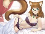  :3 animal_humanoid arm_support bangs bed bed_sheet bedding big_breasts blunt_bangs breasts brown_hair clover collar cristalavi curtains eyebrow_through_hair eyebrows eyewear felid feline female glasses green_eyes hair hi_res humanoid long_hair looking_at_viewer lying mammal melody_(mellybyte) navel on_bed on_side pillow pink_lips solo translucent translucent_hair 