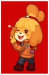  2019 alternate_costume animal_crossing anthro boots buckteeth canid canine canis clothing digital_media_(artwork) dogma domestic_dog female footwear fur grin hi_res isabelle_(animal_crossing) jacket jeans looking_at_viewer looking_back mammal nintendo one_eye_closed pants rear_view red_background shih_tzu simple_background smile solo teeth toy_dog video_games wink yellow_fur 