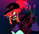  breasts cleavage collarbone eyebrows_visible_through_hair fingerless_gloves gloves gradient gradient_background gradient_hair green_gloves gyosone hat k/da_(league_of_legends) kill_la_kill league_of_legends mask matoi_ryuuko medium_hair multicolored_hair orange_hair red_hair sleeves_rolled_up splatter tied_hair yellow_eyes 