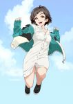  1girl black_hair brown_eyes highres jacket jumping looking_at_viewer nail_polish open_mouth original saitoyu00 shirt short_hair sky smile 