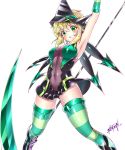  1girl absurdres akatsuki_kirika arm_up blonde_hair blush breasts covered_navel elbow_gloves gloves green_eyes green_legwear headgear highres holding holding_weapon large_breasts leotard looking_at_viewer niyu_n_iyun parted_lips scythe senki_zesshou_symphogear shiny shiny_clothes shiny_hair shiny_skin short_hair simple_background skirt solo striped striped_legwear teeth underboob weapon white_background 