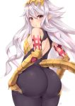  1girl ass ass_support backless_outfit bare_shoulders blush breasts from_behind gauntlets granblue_fantasy highres huge_ass kuavera long_hair looking_at_viewer looking_back medium_breasts medusa_(shingeki_no_bahamut) parted_lips raised_eyebrows red_eyes sidelocks signature simple_background small_breasts solo thick_thighs thighs white_background wide_hips 