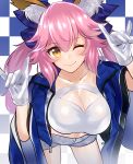  1girl ;) animal_ear_fluff animal_ears bangs blue_background blue_robe blush breasts checkered checkered_background cleavage cleavage_cutout collarbone commentary_request cowboy_shot eyebrows_visible_through_hair fate/grand_order fate_(series) fox_ears fox_shadow_puppet gloves grey_shorts hair_between_eyes hands_up highres large_breasts leaning_forward long_hair long_sleeves looking_at_viewer one_eye_closed open_clothes open_robe pink_hair robe short_shorts shorts smile solo standing tamamo_(fate)_(all) tamamo_no_mae_(fate) thighs twintails volyz white_background white_gloves wide_sleeves yellow_eyes 