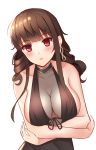  1girl bangs black_dress black_ribbon blush breasts brown_hair choker cleavage collarbone crossed_arms dress dsr-50_(girls_frontline) earrings eyebrows_visible_through_hair frontera girls_frontline halterneck highres jewelry large_breasts long_hair looking_at_viewer parted_lips red_eyes ribbon sideboob simple_background sleeveless sleeveless_dress solo upper_body white_background 