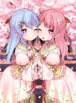  2girls ;) ;o bang_dream! bangs bikini blue_hair blurry blurry_background blush bow cheek-to-cheek cherry_blossoms commentary_request day depth_of_field dress fingernails floral_print flower hair_bow hair_flower hair_ornament hairclip hand_holding hands_up highres interlocked_fingers juliet_sleeves long_hair long_sleeves looking_at_viewer maruyama_aya matsubara_kanon multiple_girls one_eye_closed open_mouth outdoors petals pink_dress pink_flower pink_hair pleated_dress print_bikini puffy_sleeves purple_eyes shipii_(jigglypuff) smile swimsuit wide_sleeves 