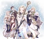  4boys 4girls :d ^_^ alfyn_(octopath_traveler) arm_at_side arm_up backpack bag bangs bare_shoulders belt black_gloves black_hair black_headwear black_pants black_scarf blonde_hair blue_background blue_fire blush book boots bracer braid breasts brown_eyes brown_gloves brown_hair cape capelet cleavage closed_eyes closed_mouth commentary_request copyright_name cropped_vest cyrus_(octopath_traveler) dancer dress earrings elbow_gloves expressionless eyes_closed fingerless_gloves fire forehead frilled_sleeves frills fringe_trim fur-trimmed_gloves fur_boots fur_capelet fur_trim gauntlets gloves green_eyes grey_cape h&#039;aanit_(octopath_traveler) hair_between_eyes hand_on_hip hand_on_own_head hat_feather high_heels highres holding holding_book holding_staff jewelry knee_boots lantern long_hair looking_at_viewer looking_back low_ponytail medium_breasts medium_hair multiple_boys multiple_girls navel necklace octopath_traveler off_shoulder olberic_eisenberg open_book open_mouth ophilia_(octopath_traveler) pants parted_bangs pauldrons pelvic_curtain ponytail primrose_azelhart puffy_short_sleeves puffy_sleeves revealing_clothes sandals scarf short_sleeves shoulder_armor single_braid small_breasts smile snow_leopard snowing staff stomach takatora therion_(octopath_traveler) thighlet tressa_(octopath_traveler) white_dress white_hair 